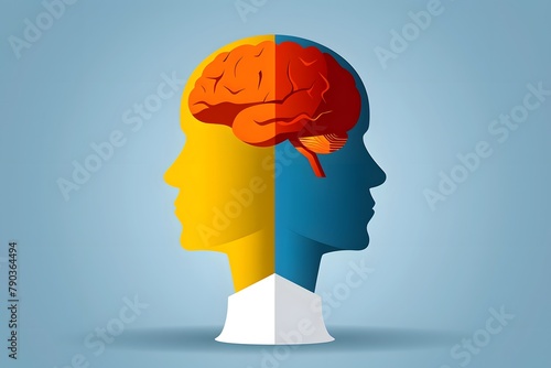 brainstorming, thinking, mental health, blue person, yellow person, brain, emotions, feelings, brain inside head, different opinions
