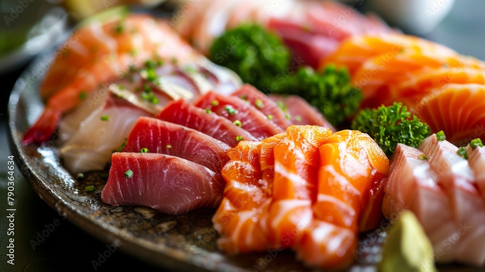 Sashimi perfection: Fresh slices of sashimi glisten on a plate, showcasing the delicate flavors of premium seafood.