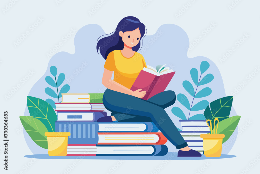 A woman is seated on a stack of books, engrossed in reading, A woman sitting on a pile of books reading a book, Simple and minimalist flat Vector Illustration A woman is seated on a stack of books, engrossed in reading, A woman sitting on a pile of books reading a book, Simple and minimalist flat Vector Illustration