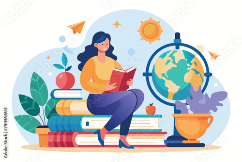 A woman seated on a stack of books, engrossed in reading a book of knowledge beside a globe, A woman sits on books a globe and a book of knowledge, Simple and minimalist flat Vector Illustration