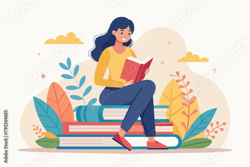 Woman sitting on a stack of books, reading a book, A woman sitting on a pile of books reading a book, Simple and minimalist flat Vector Illustration