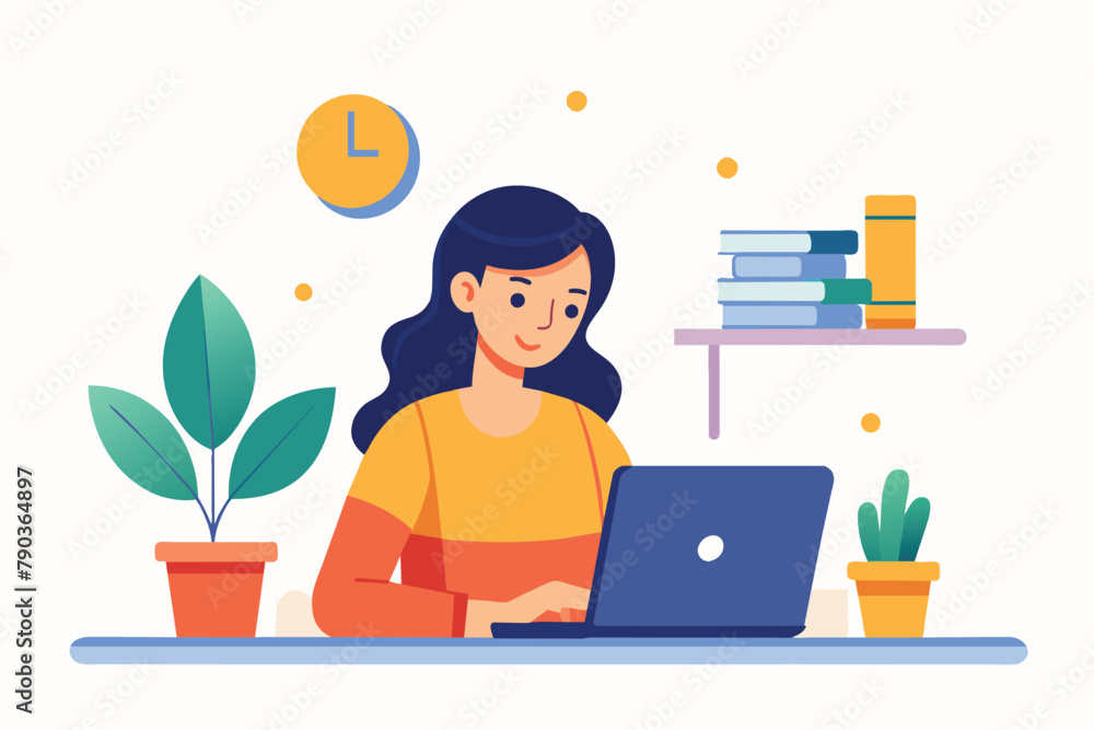 A woman seated at a desk, focused on her laptop screen while working on an assignment, a woman working on an assignment in front of a laptop, Simple and minimalist flat Vector Illustration A woman seated at a desk, focused on her laptop screen while working on an assignment, a woman working on an assignment in front of a laptop, Simple and minimalist flat Vector Illustration