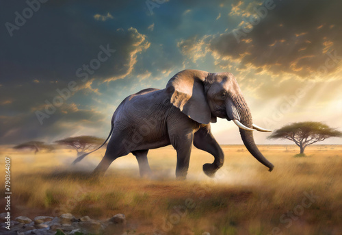 Elephant running in the savannah at sunset, wild elephant in motion © ImagiNature