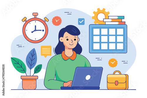A woman sitting in front of a laptop computer, checking alarm and calendar, A woman with laptop, alarm and calendar, Simple and minimalist flat Vector Illustration