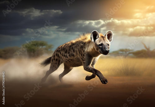 Hyena running in a sunset savannah, hyena in motion photo