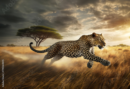 Leopard running through the savannah  cheetah in motion