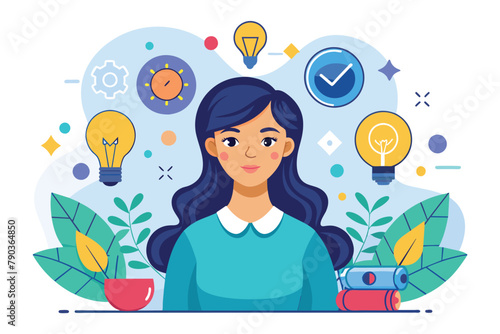 Dark-haired woman in blue shirt standing in front of bright light, A woman with many ideas, Simple and minimalist flat Vector Illustration