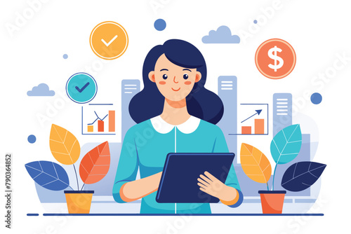 A woman holding a tablet in her hands, focusing on the screen, a woman with modern financial services, tablets to invest in companies, Simple and minimalist flat Vector Illustration