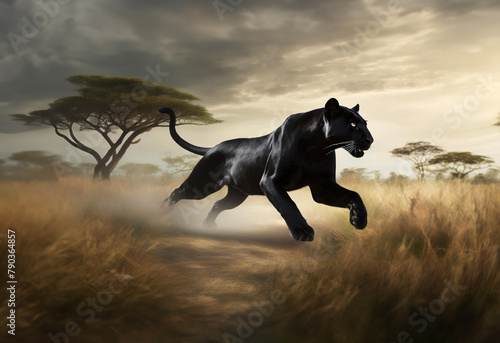 Black panther running in the morning savannah, panther in motion