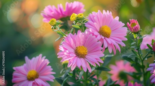 Blooming pink aster flowers captured in summer
