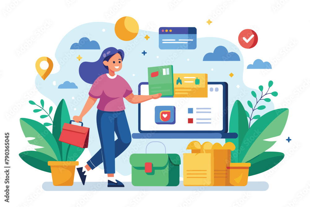 A woman standing while holding a bag and a laptop, about online shopping, Simple and minimalist flat Vector Illustration A woman standing while holding a bag and a laptop, about online shopping, Simple and minimalist flat Vector Illustration