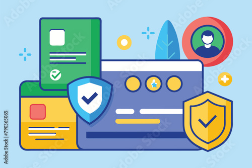 A credit card with a shield design on it, topped with another shield for enhanced security, Account card security verification, Simple and minimalist flat Vector Illustration