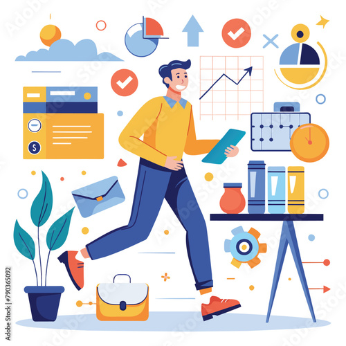 A man wearing a yellow shirt is seen running around a desk in an office setting, Activities in the office trending, Simple and minimalist flat Vector Illustration