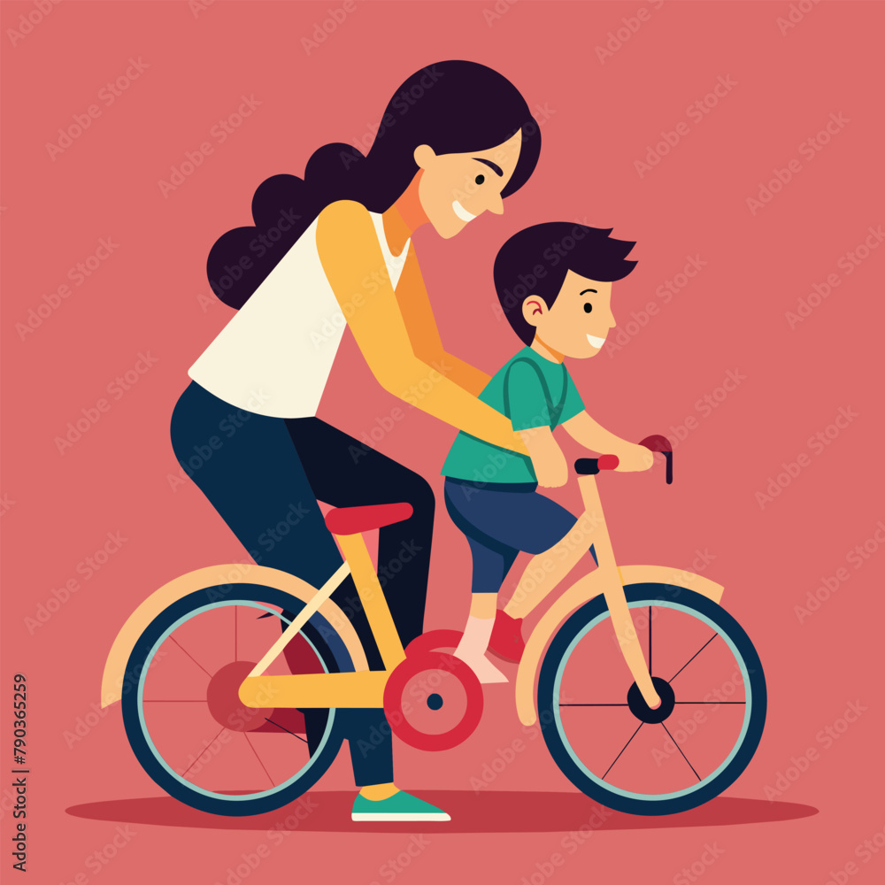 A woman guides a boy as he learns to ride a bike, An adorable image of a mother helping her child ride a bike for the first time, Simple and minimalist flat Vector Illustration A woman guides a boy as he learns to ride a bike, An adorable image of a mother helping her child ride a bike for the first time, Simple and minimalist flat Vector Illustration