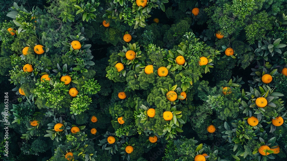 Aerial top view of orange fruit trees in forest. Drone view of dense orange tree captures CO2. Orange tree nature background for carbon neutrality and net zero emissions concept. 