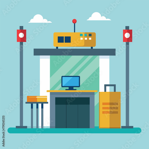 A desk holding a computer on top, Airport security checkpoint airline, Simple and minimalist flat Vector Illustration