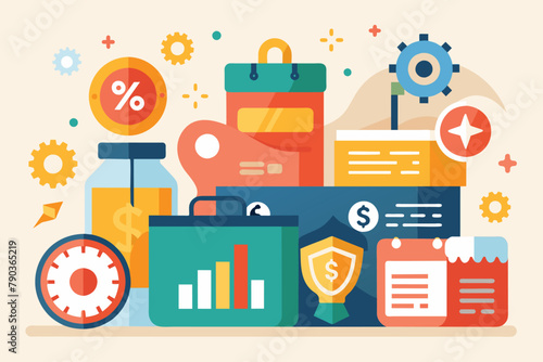 A variety of items stacked on top of each other in a pile, all prices of all promo items, Simple and minimalist flat Vector Illustration