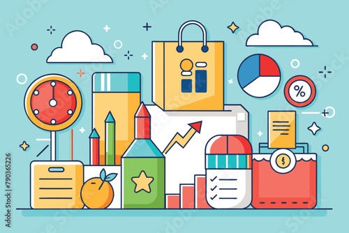 Various items displayed on a vibrant blue backdrop, all prices of all promo items, Simple and minimalist flat Vector Illustration