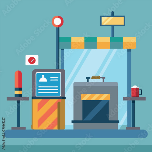 Illustration of a gas station with a check-in machine at the service counter, Airport security checkpoint airline, Simple and minimalist flat Vector Illustration photo