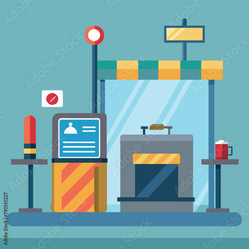Illustration of a gas station with a check-in machine at the service counter, Airport security checkpoint airline, Simple and minimalist flat Vector Illustration