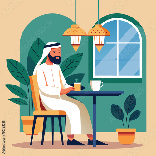 A man of Arab descent sitting at a table, holding a cup of coffee, An Arab man sitting in a traditional cafe, Simple and minimalist flat Vector Illustration