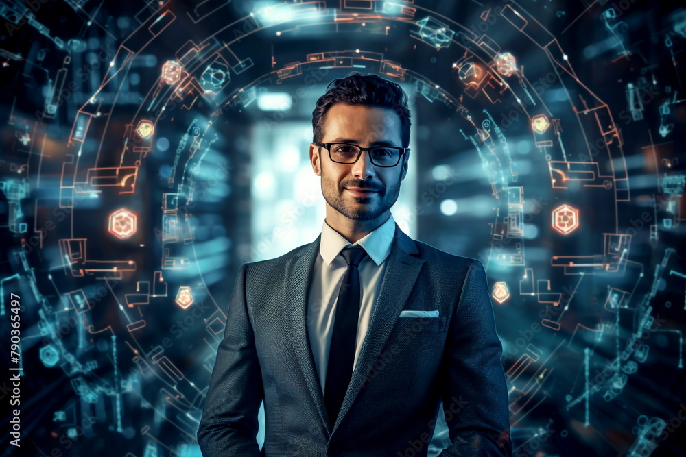 Young businessman with technology concept, success in cyber business. Leadership in cybersecurity, young businessman with technology Young businessman with technology concept, success in cyber business. Leadership in cybersecurity, young businessman with technology
