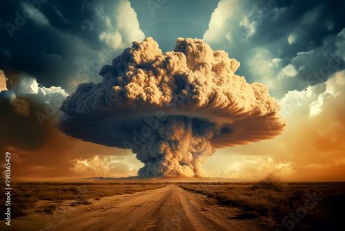 Nuclear bomb explosion with mushroom cloud, depicting warfare and power. Explosion nuclear bomb. Nuclear war, destruction of the planet. Power station. Mushroom