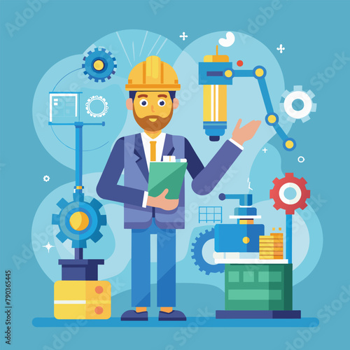 Engineer Checking Machine With Clipboard, An engineer are maintaining machines, providing ideas and solutions, Simple and minimalist flat Vector Illustration