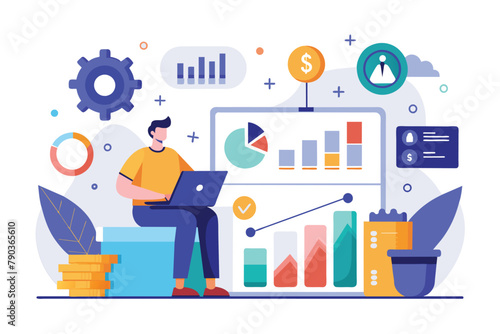 Man Sitting on Desk With Laptop, analysis of business development data and income, Simple and minimalist flat Vector Illustration