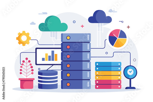 Several data stacks piled up neatly on a white background, representing organized big data storage, analysis of bigdata storage, Simple and minimalist flat Vector Illustration