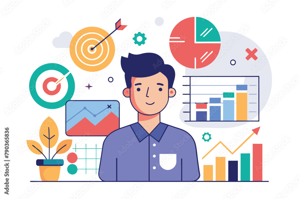 A man stands in front of a desk, working on a laptop computer, Analyst data and time targets trending, Simple and minimalist flat Vector Illustration A man stands in front of a desk, working on a laptop computer, Analyst data and time targets trending, Simple and minimalist flat Vector Illustration