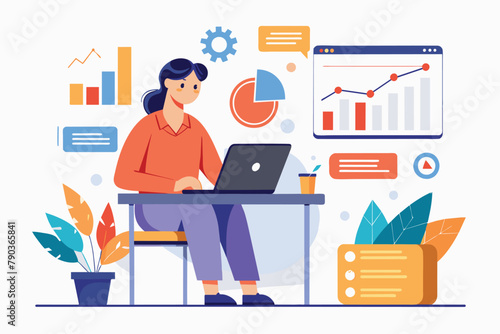 A woman seated at a desk, working on a laptop computer, Analyst data input trending, Simple and minimalist flat Vector Illustration