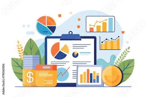 Clipboard With Graphs and Calculator, analytics marketing metrics data analysis financial audit concept pie charts diagrams analyzing, Simple and minimalist flat Vector Illustration