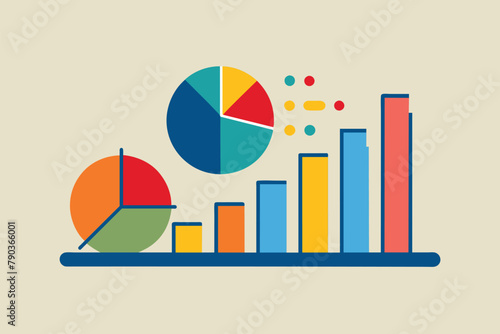A bar chart and a pie chart displayed for graphic statistics analysis, Analyze graphic statistics, Simple and minimalist flat Vector Illustration