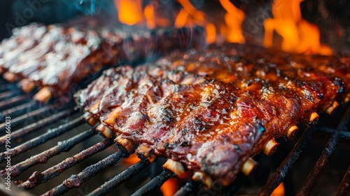 baby back ribs sitting on a flame on the barbecue smoker in a backyard  