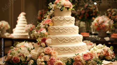 A large wedding cake with flowers on top of a table, AI