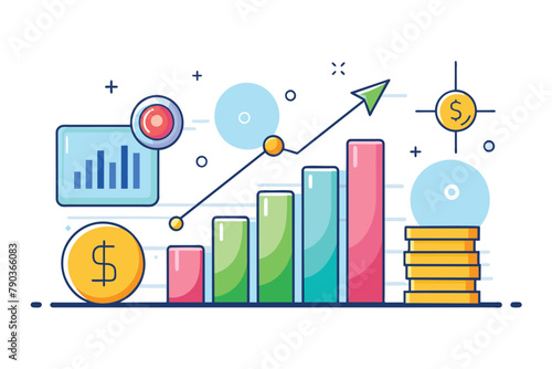 A bar chart displaying data with a dollar sign on top, symbolizing financial growth and analysis, Analyze money growth data, Simple and minimalist flat Vector Illustration
