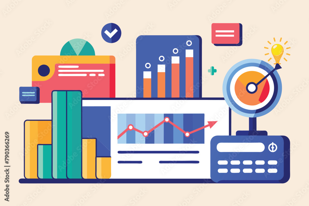 Computer screen showing a clock with various items around it, Analyzing bank credit card data trending, Simple and minimalist flat Vector Illustration Computer screen showing a clock with various items around it, Analyzing bank credit card data trending, Simple and minimalist flat Vector Illustration