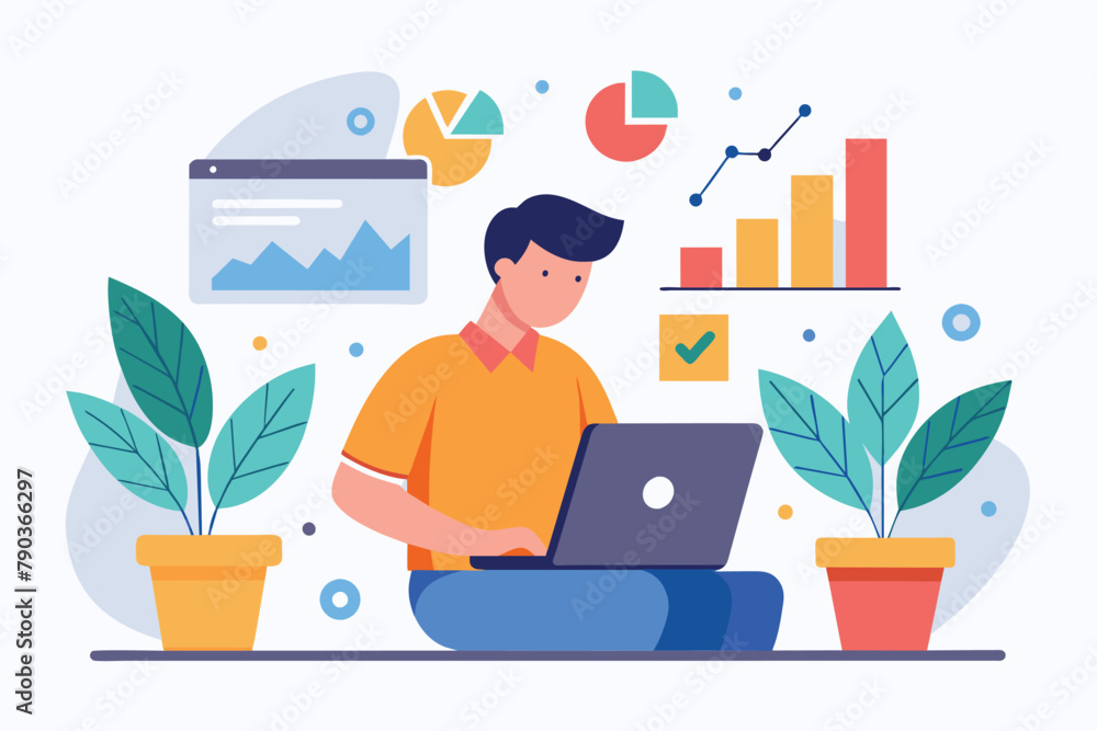 A man sitting in front of a laptop computer, focused on analyzing business charts and data, Analyzing charts business using laptop,computer concept, Simple and minimalist flat Vector Illustration A man sitting in front of a laptop computer, focused on analyzing business charts and data, Analyzing charts business using laptop,computer concept, Simple and minimalist flat Vector Illustration