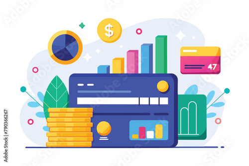 A credit card lies next to stacks of coins, symbolizing financial transactions and savings, Analyzing bank credit card data trending, Simple and minimalist flat Vector Illustration