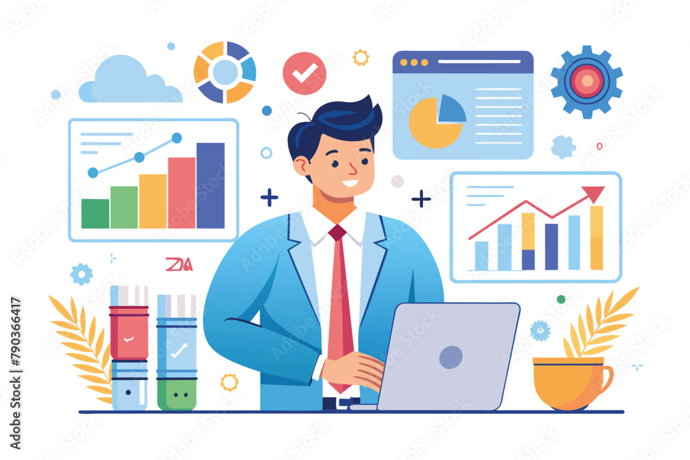 A man is standing in front of a laptop, analyzing infographics and a bar chart, man with tablet analyzing infographics, diagram bar chart report, Simple and minimalist flat Vector Illustration