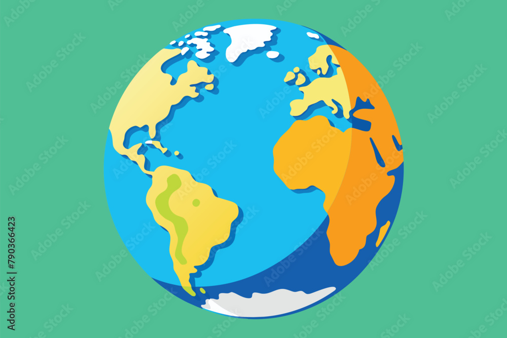 Earth displayed against a vibrant green backdrop, Analyzing the globe map, Simple and minimalist flat Vector Illustration