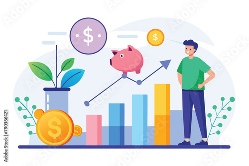 A man stands in front of a bar chart, examining savings growth data with a piggy bank placed next to him, Analyzing savings growth data, Simple and minimalist flat Vector Illustration