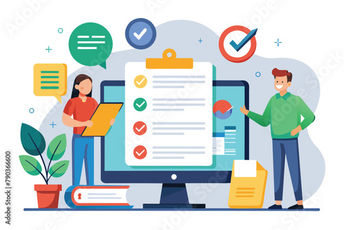Two individuals standing beside a monitor, reviewing a checklist of employment contracts online, Approval of employment contracts online, Simple and minimalist flat Vector Illustration