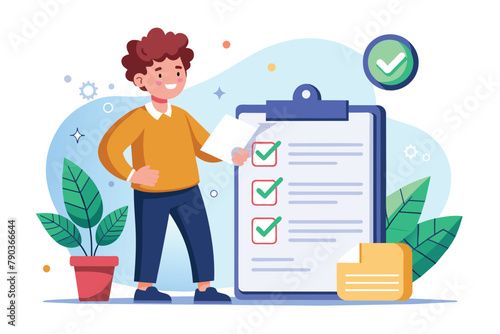 A man is standing next to a clipboard with a checklist of business contract documents, Approve business contract documents, Simple and minimalist flat Vector Illustration