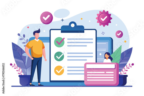 A man stands next to a clipboard with a checklist on it, possibly reviewing or completing tasks, Approval of employment contracts online, Simple and minimalist flat Vector Illustration