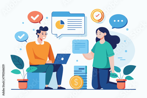 A man and a woman sitting on a bench, engaged in conversation, are talking about contract payments, Simple and minimalist flat Vector Illustration