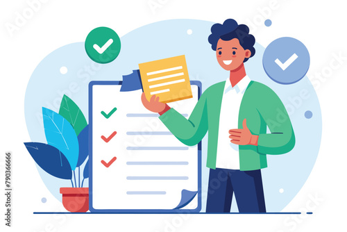 A man holding a clipboard with a checklist on it, possibly reviewing and approving business contract documents, Approve business contract documents, Simple and minimalist flat Vector Illustration