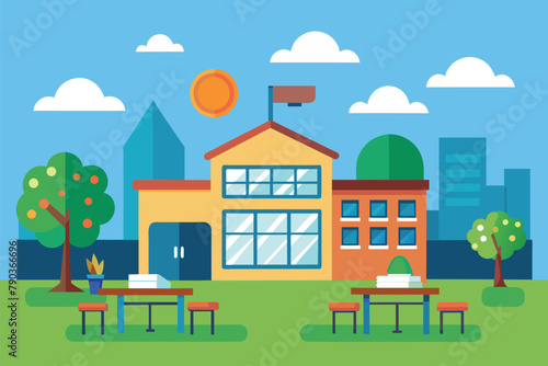 A school building with picnic tables set up in front of it, ready for students to enjoy outdoor meals or study sessions, Back to school, Simple and minimalist flat Vector Illustration