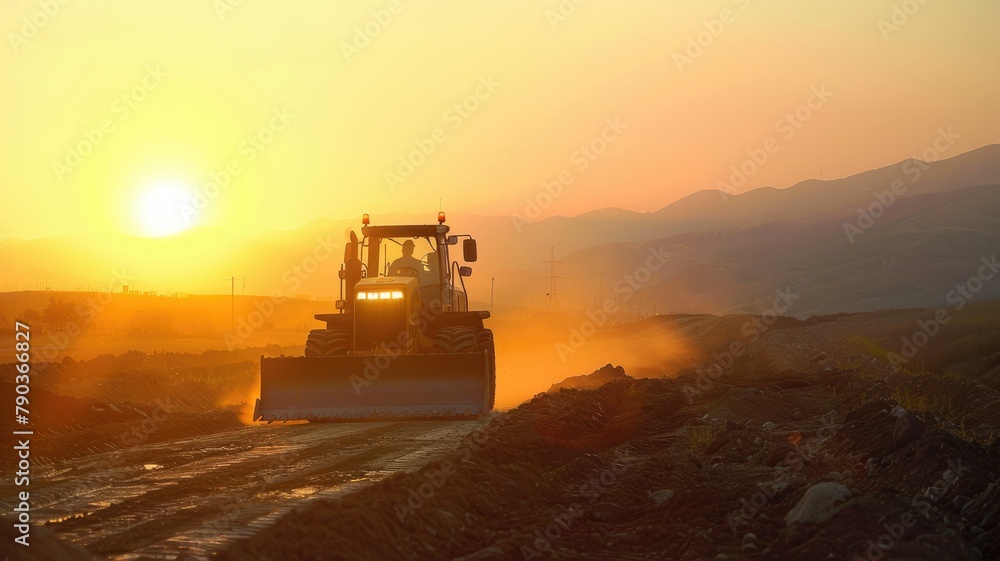 Bulldozer on a construction site at sunset - A bulldozer in action at a construction site against the backdrop of a setting sun, showcasing construction, development, and end-of-day work Bulldozer on a construction site at sunset - A bulldozer in action at a construction site against the backdrop of a setting sun, showcasing construction, development, and end-of-day work